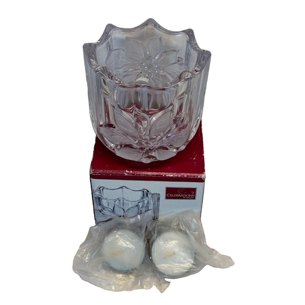 Celebrations By Mikasa Poinsettia Crystal Votive Candle Holder With Box